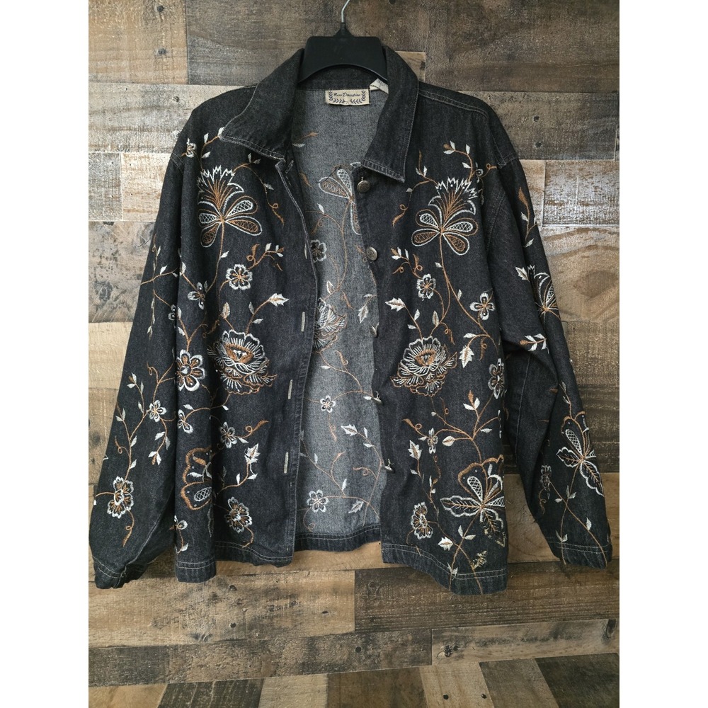 Vtg Women's Western New Directions Black Embroidered Denim Boho Jacket Size XL